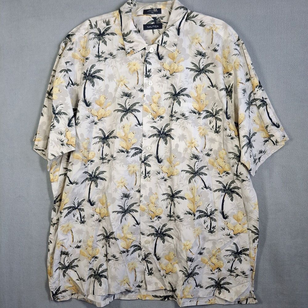 Nautica Camp Shirt Mens XL Yellow White Hawaiian Short Sleeve Button Down Beach